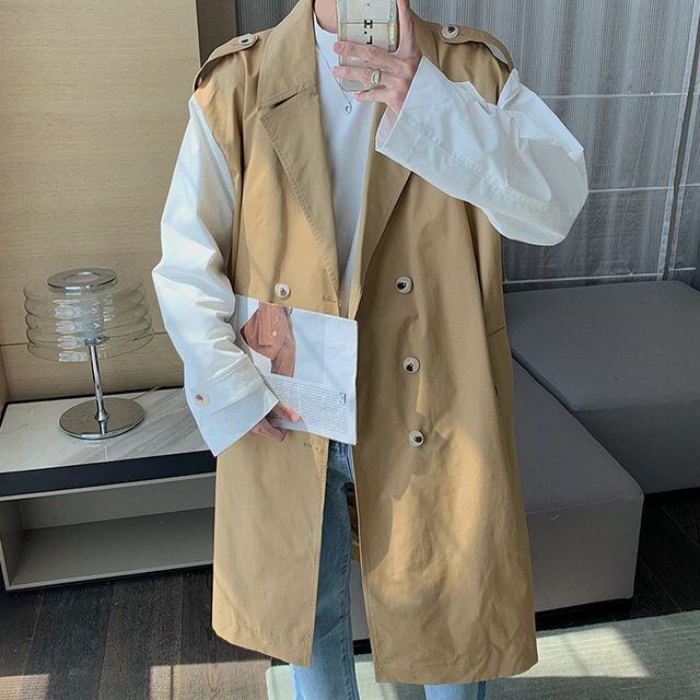 【予約販売】トレンチコート バイカラー 切り替え ミドル丈 メンズ ベージュ 無地 シンプル 男前 シック 韓国 オーバーサイズ 綺麗め 冬コート 防寒 ビジネス 通勤 防寒 お洒落 こなれ感 ベーシック 秋冬 大きいサイズ M/L/XL