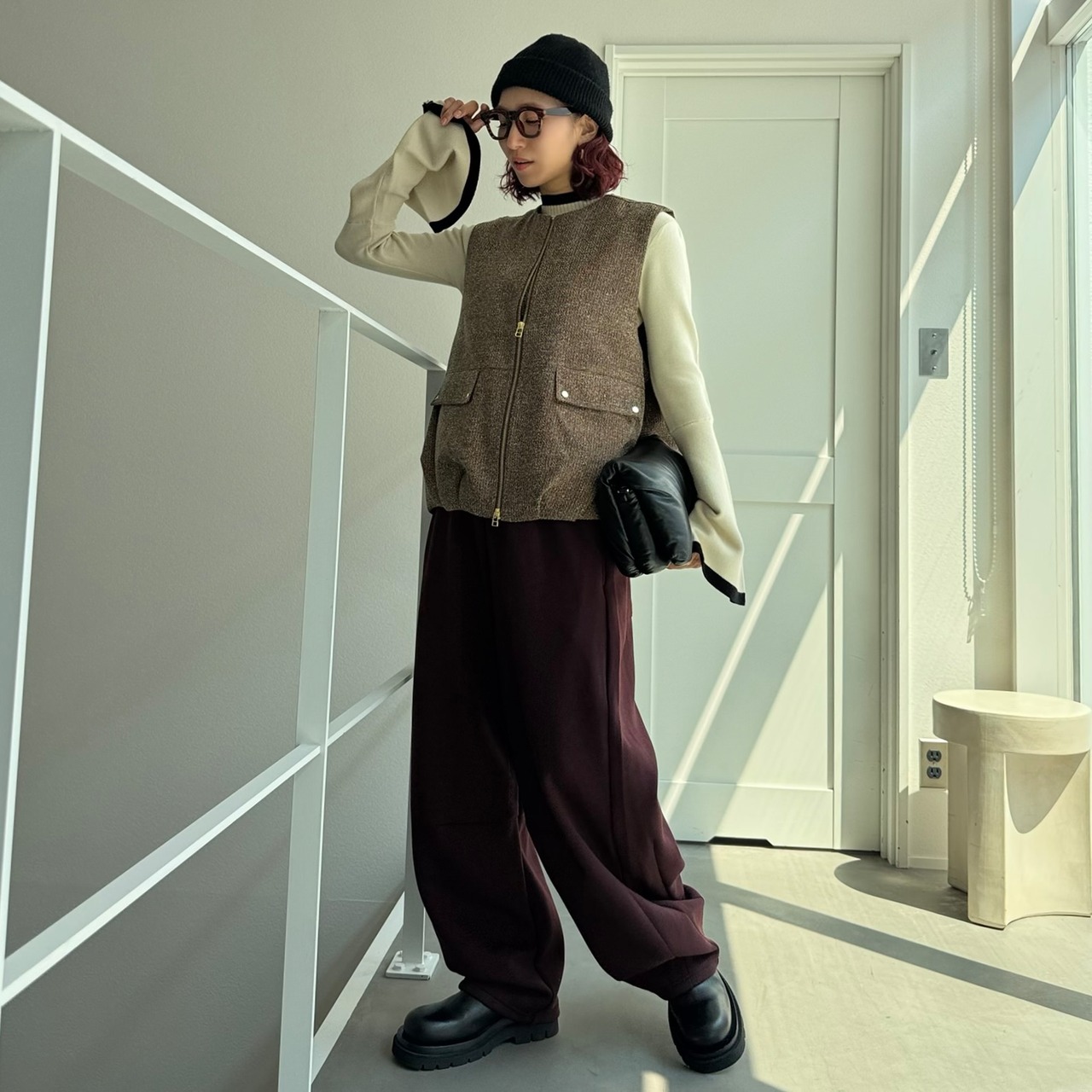 バルーンシルエットMIXツイードvest/ブラウン