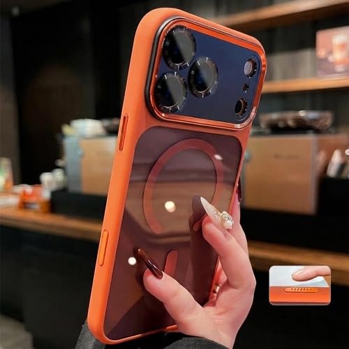 FISHLUCK iPhone17 用 ケース ワイヤレス充電 半透明 ブラック光沢デ ザインエアガードコーナー 黄変防止 耐衝撃 PC背面TPUバンパー 指紋防止 高耐久性 マグネットスマホケース Qi2.2対応 最大25W高速充電 マグセーフ6.3 インチ(iPhone17/スターオレンジ)