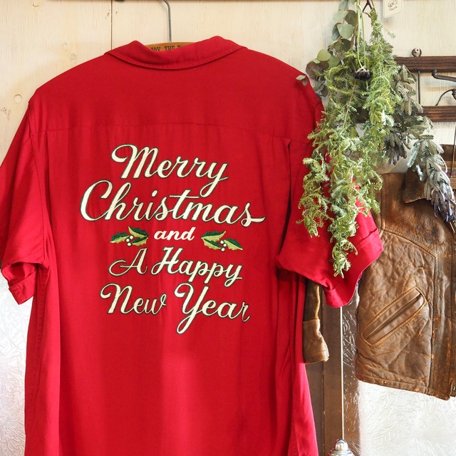 60's Chain stitch embroidered open collar rayon S/S shirt M /Christmas displays vintage USA製
