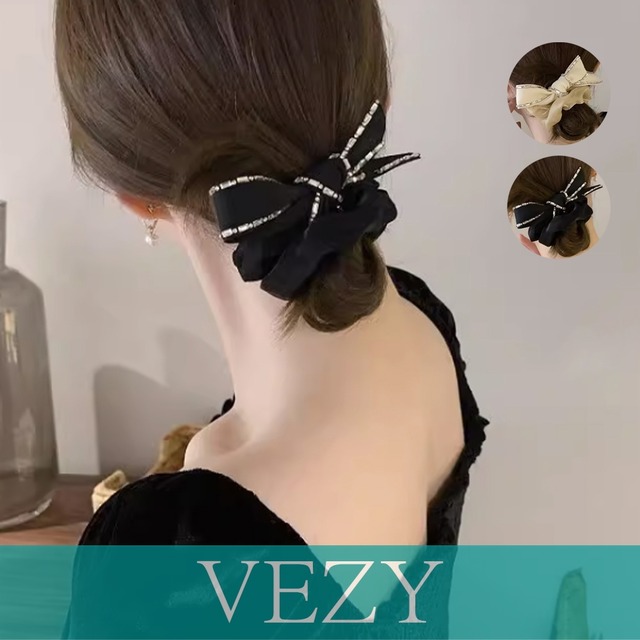 リボンシュシュ キラキラヘアゴム 蝶結び ヘアアクセサリー おしゃれ ヘアアレンジ 髪飾り 大人可愛い 光沢サテン ラインストーン 女子会 パーティー ヘアアクセサリー  VEZY ベジー  ItemNo.【19700821】