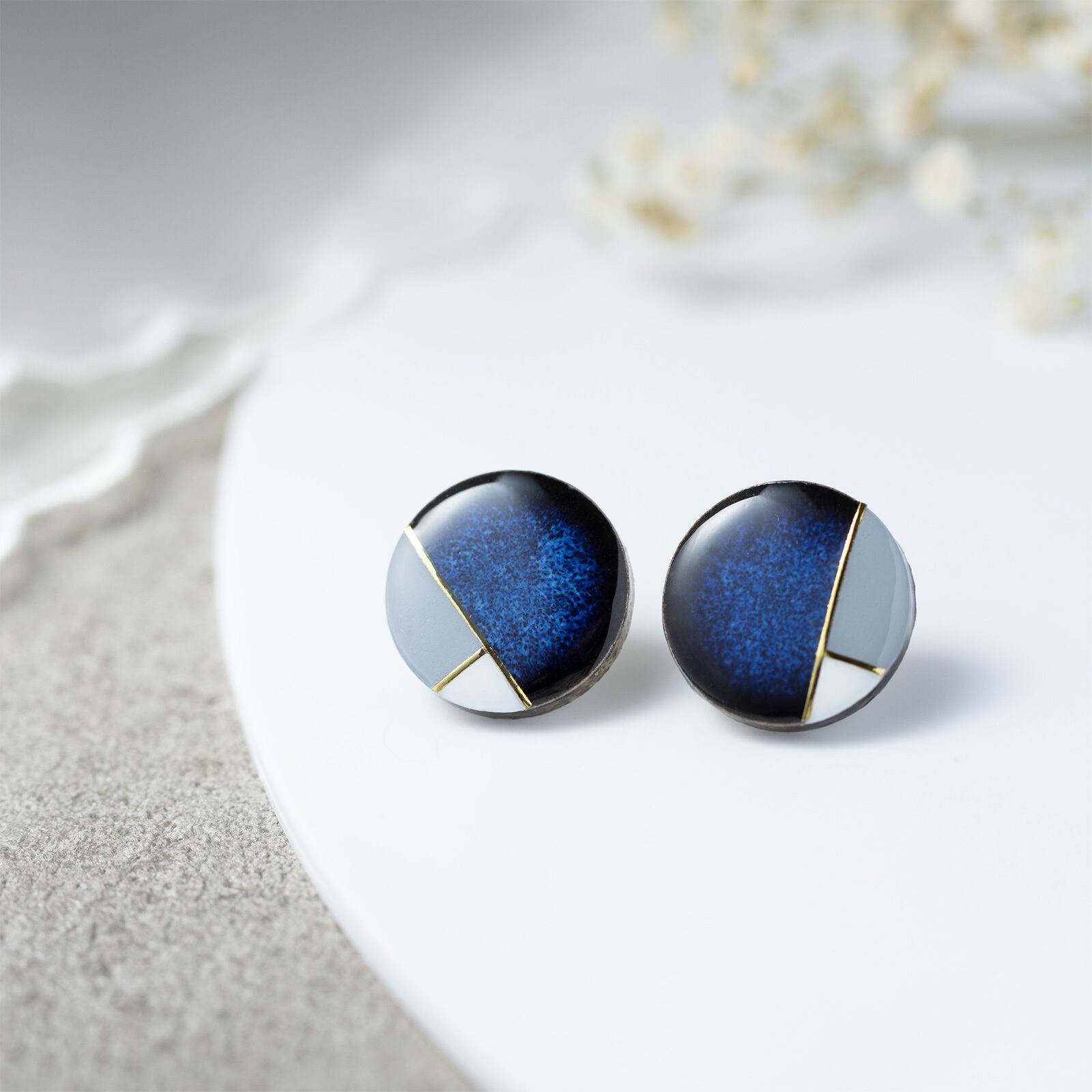 美濃焼陶器 レクタングルモダン ピアス / イヤリング|藍(あい)