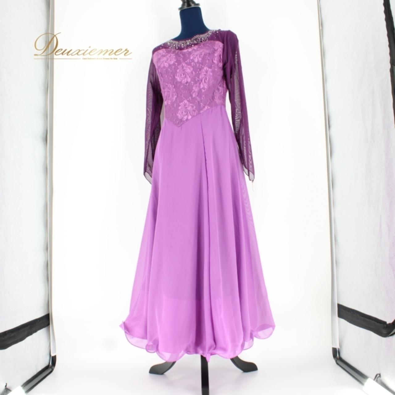 社交ダンス 衣装 スタンダード ドレス ワンピース レッスンウェア パーティ衣装 女性用 レディース オールシーズン prima boutique プリマブティック 紫 パープル系 ラインストーン レース 長袖 高品質 エレガント スカート フレア デザイン