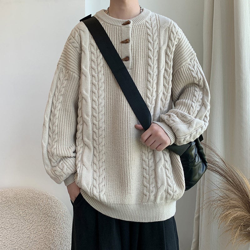 全3色ケーブル編みトグルボタン付きニットセーター | mblueshop