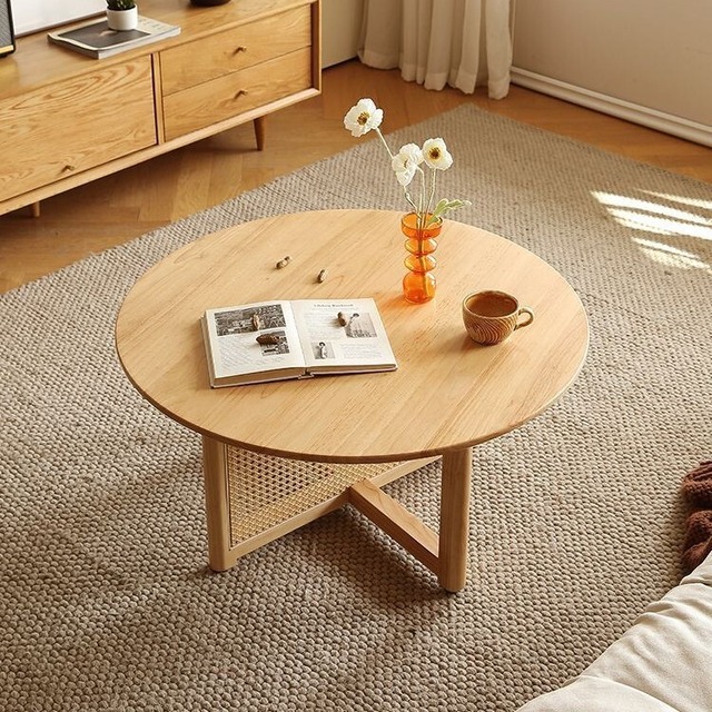 ロー テーブル ナチュラル 木目 ラウンド 円形 おしゃれ かわいい インテリア センター テーブル 藤編み 木製 SNS映え フォトジェニック リビング ダイニング