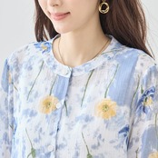 TRUBE 水彩フラワー総柄ロングシャツ【M~L】ブルー