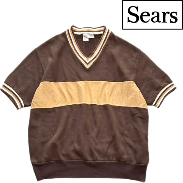 1点物◇SEARSビンテージ70s半袖Vネック茶スウェット古着メンズML