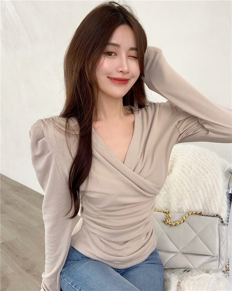 シャツ ベルベットスリーブトップス オータムウィンターVネックTシャツ ロング 秋物 冬物 ブラックストロベリース21766428481