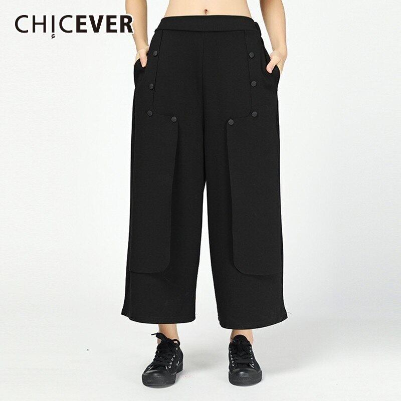 CHICEVER秋冬レディースワイドレッグパンツエラスティックウエストルーズブラックアンクルレングスパンツヴィンテージタイド 伸縮 オータム 秋物 ウィンター 冬物 ワイドパンツ ビンテージ 6base581097034537