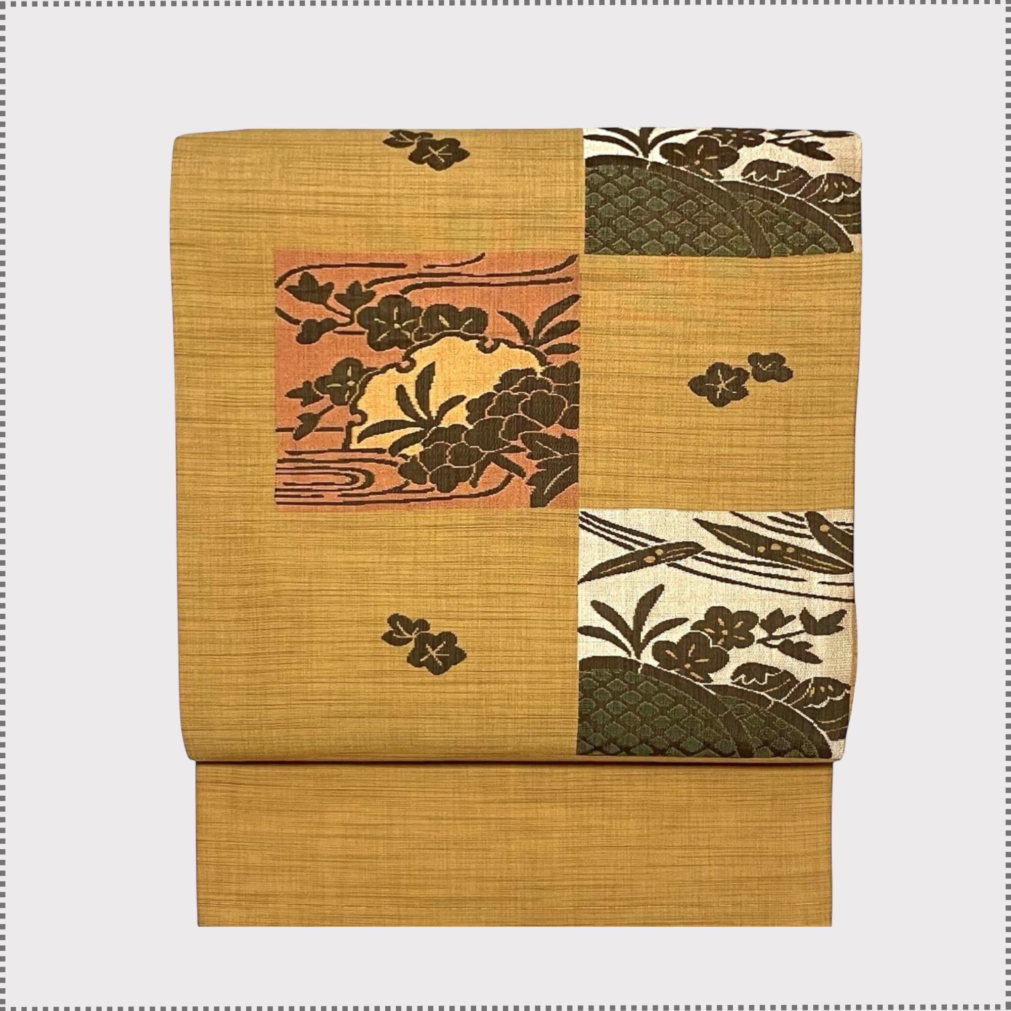 色紙に花草柄 名古屋帯