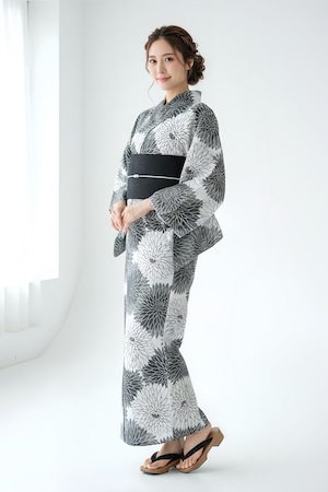 浴衣ジェンヌ 浴衣5点セット 黒 白 グレー 菊 ゆかた 半幅帯 浴衣