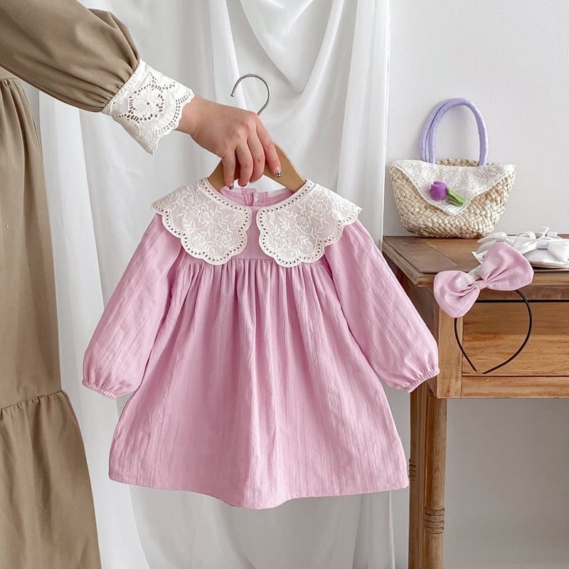 ベビーキッズ女の子ピンク100％綿長袖ロンパースワンピース レース