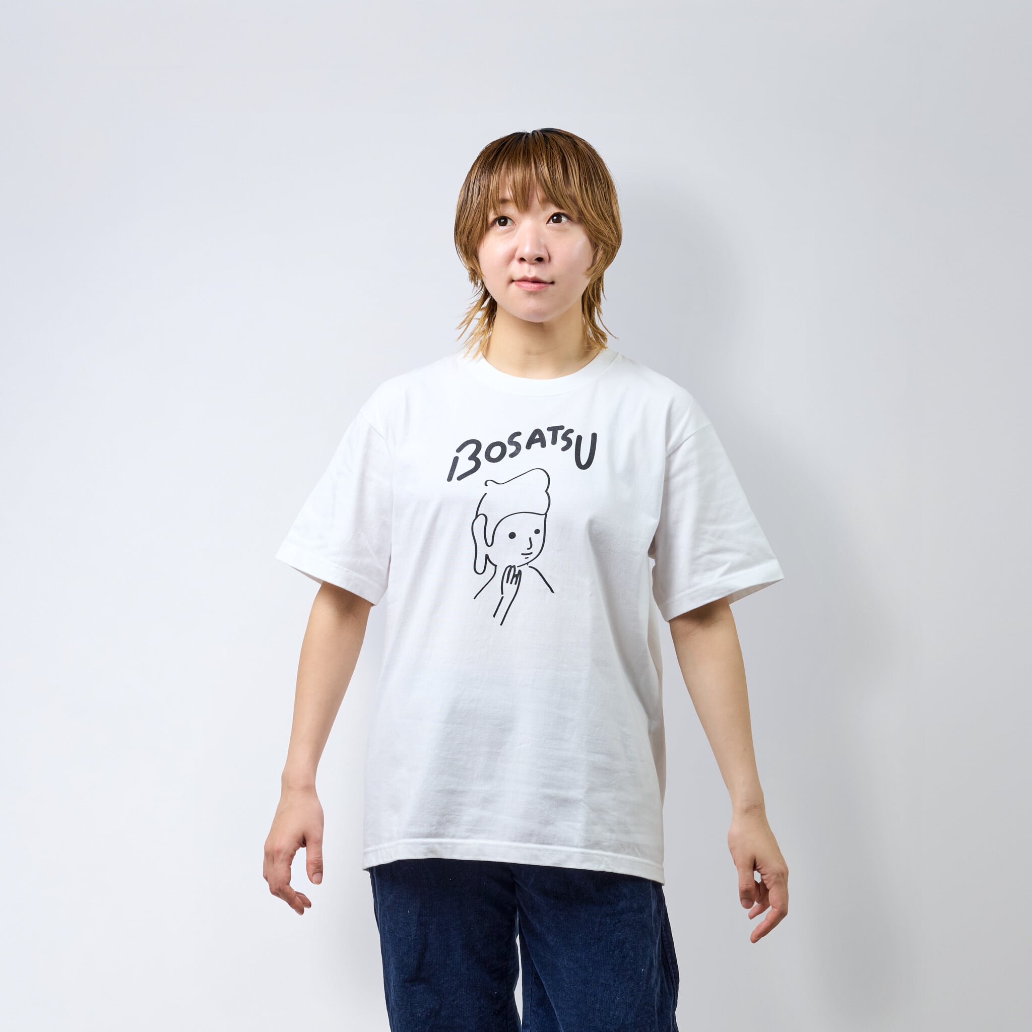 弥勒菩薩 仏像 Tシャツ (プリント) 6.2oz ホワイト/ブラック | BOSATSU