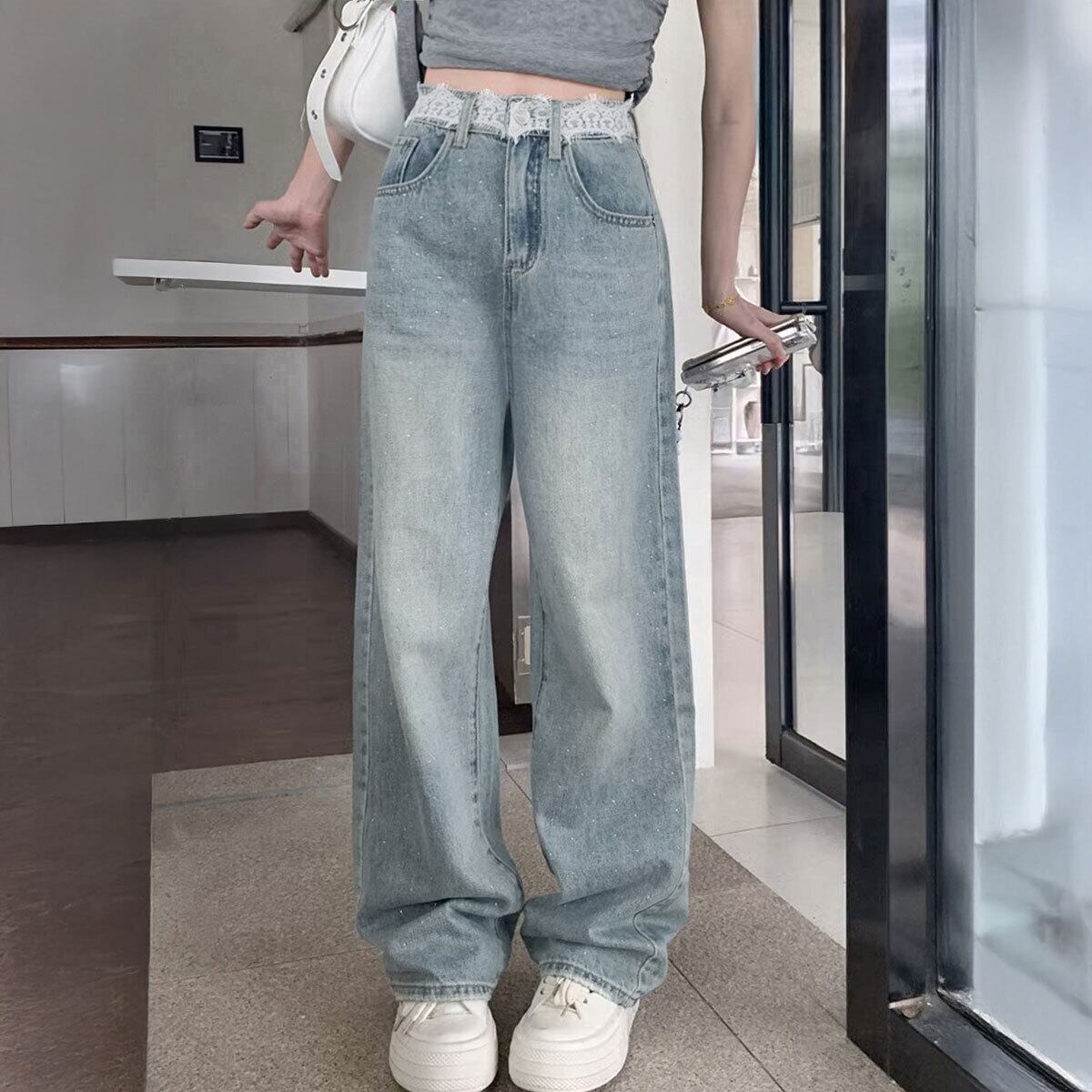 ビジューデニム ジーンズ レディース 韓国 デニム レースウエスト 大人 カジュアル きれいめ おしゃれ ラインストーン ハイウエスト ゆったり ストレート 大人可愛い 大人女子