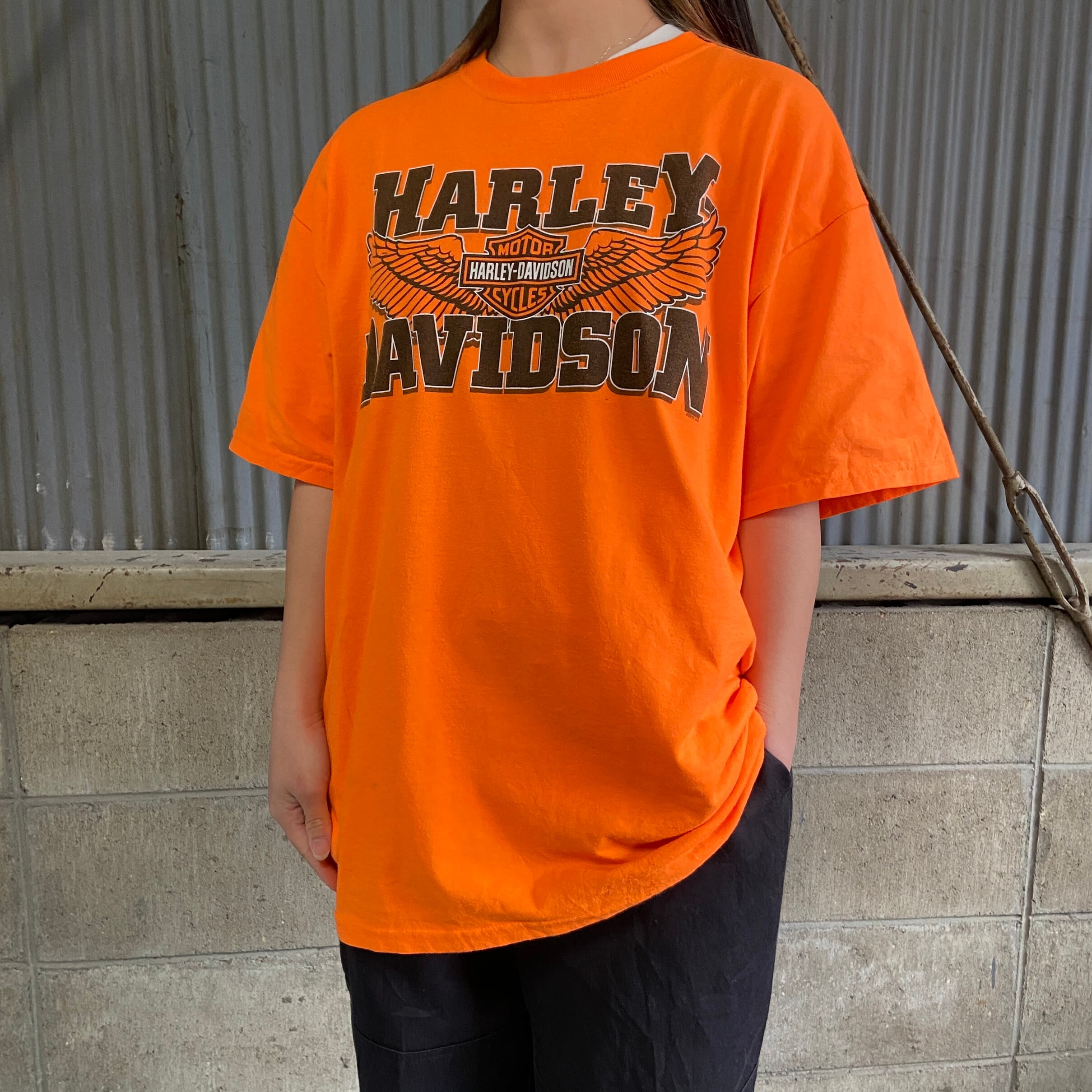 Harley-Davidson ハーレーダビッドソン 両面プリント Tシャツ メンズL 古着 オレンジ モーターサイクル バイクTシャツ ロゴプリント  バックプリント 【Tシャツ】 | cave 古着屋【公式】古着通販サイト