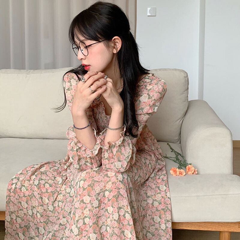 カラーフローラルドレス サマーロングスカート ピンク 大人ガーリー スウィート キュート カジュアル 夏物 花柄 スクウェア モンロー85566561630