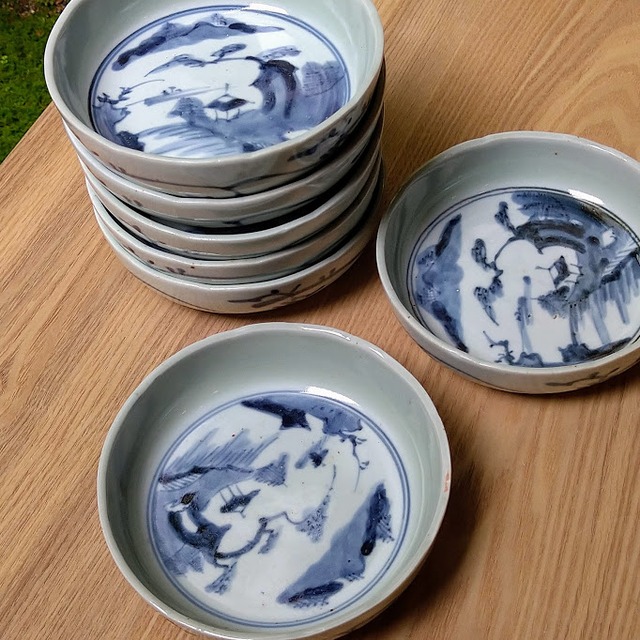 青磁染付 伊万里 山水風景図 なます皿 膾皿 小鉢 フラット 青い器 ...