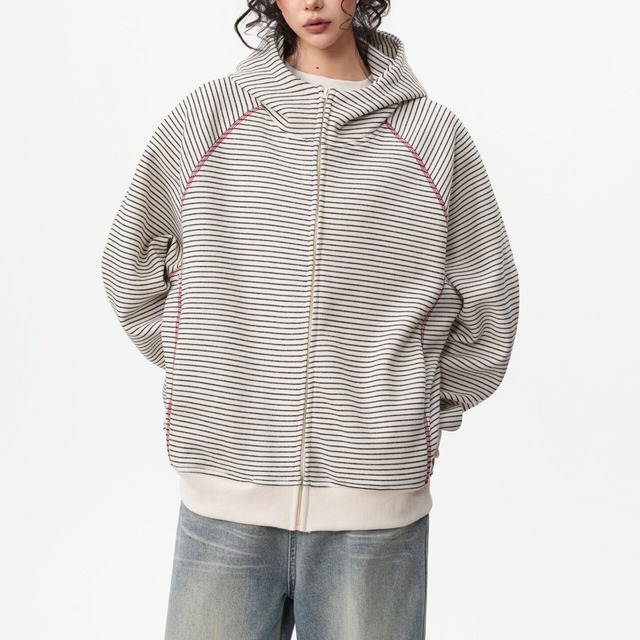 ピンボーダーコントラストステッチジップパーカー 3col   R02896