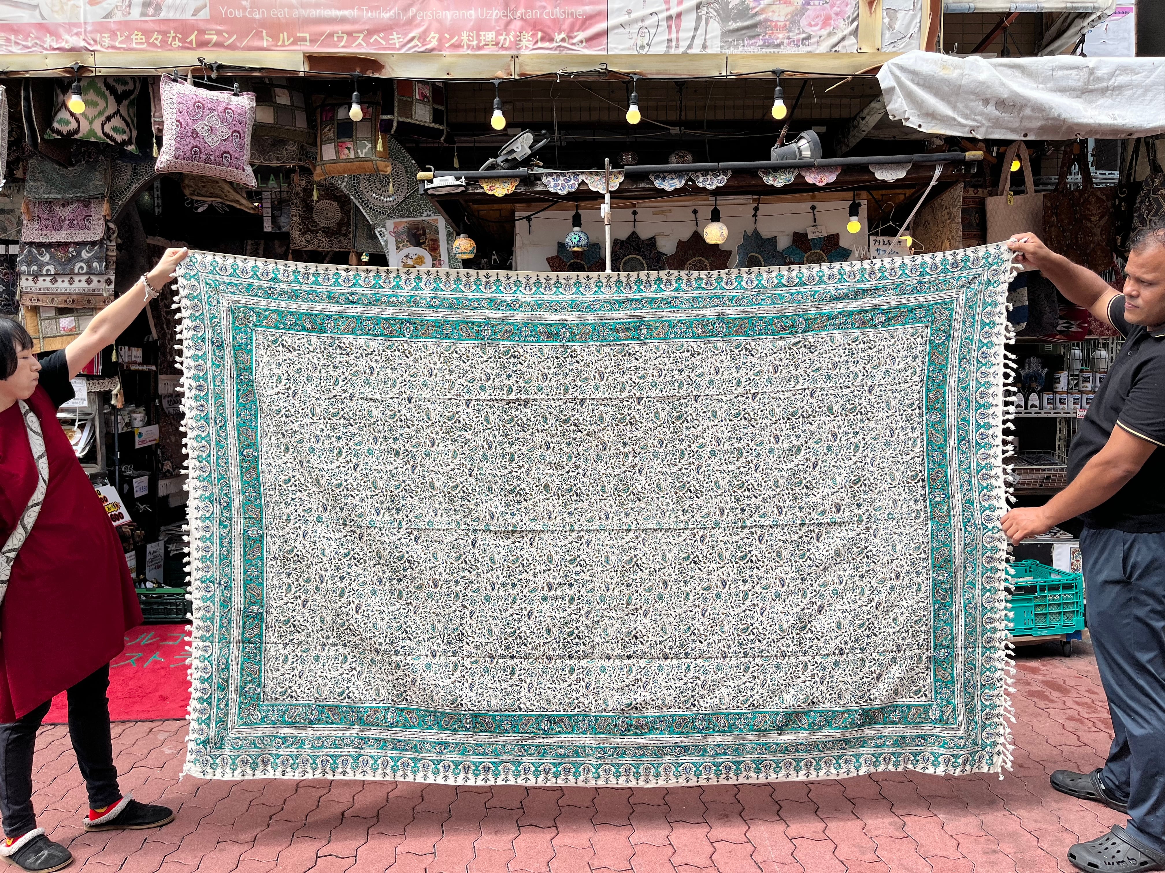 天然素材の手作り☆中東の伝統綿布・さらさ【160cmx240cm】ターコイズ