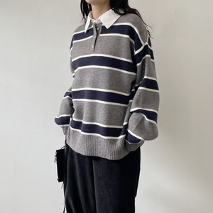 ナンバーミーTOKYO"LAGER BORDER SHIRTS KNIT PULLOVER" GRAY