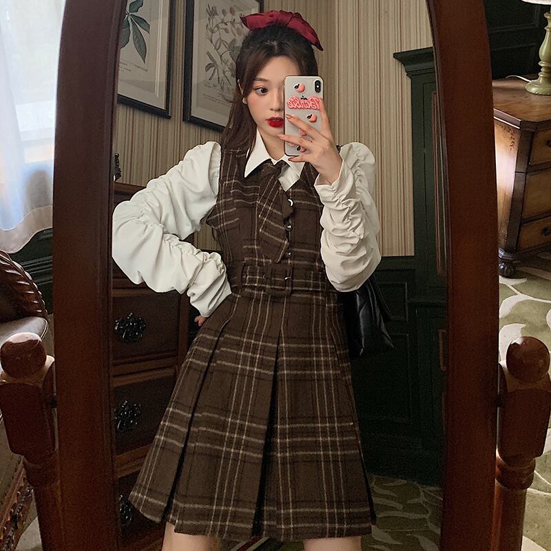 スタンダードスタイルドレス スプリングプリーツウェストスリムスカート レトロ 春物 萌量不足34738164404