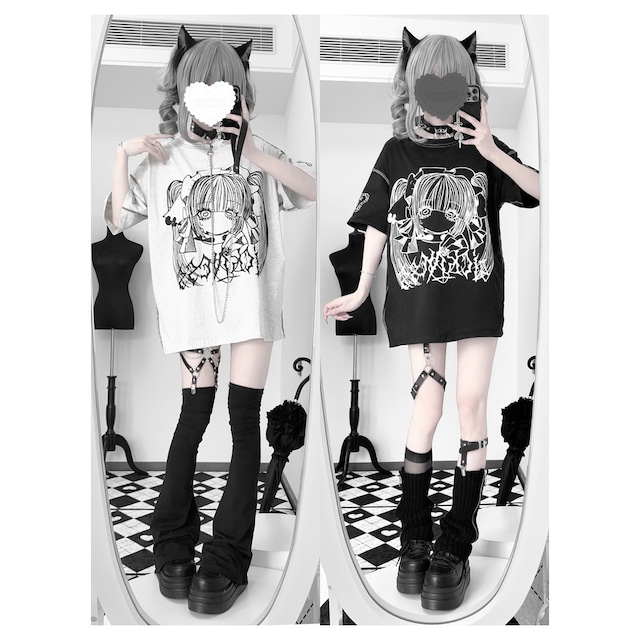 サブカル系 Tシャツ ゴシック 暗黒少女 二次元イラスト オーバーサイズ | 天使と悪魔