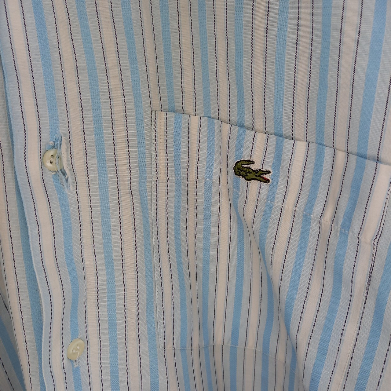 90s　ラコステ　BDシャツ　半袖　ストライプ　刺繍ロゴ　ライトブルー　M