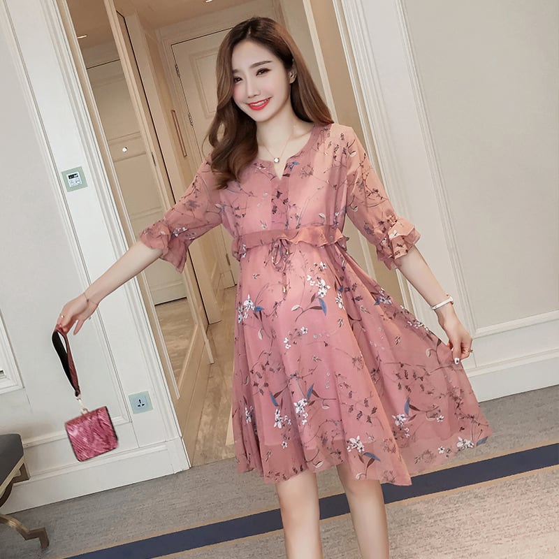 【新作】【送料無料】 マタニティドレス2019夏の新しいファッションフローラルシフォン小さなVネックルーズウエストプラスサイズのマタニティドレストレンド-アリババ 大きめサイズ サマー 夏物 花柄 expec223344332196