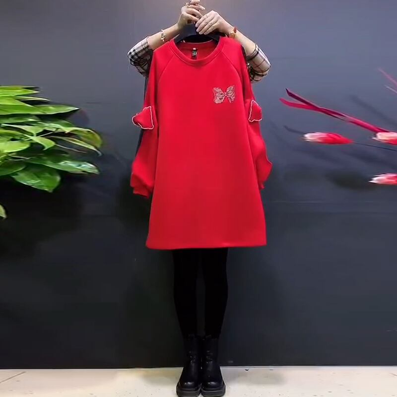 スプリングリボンパターンドレス ルーズ 大きめサイズ 春物 ミックスインファッション71417378103