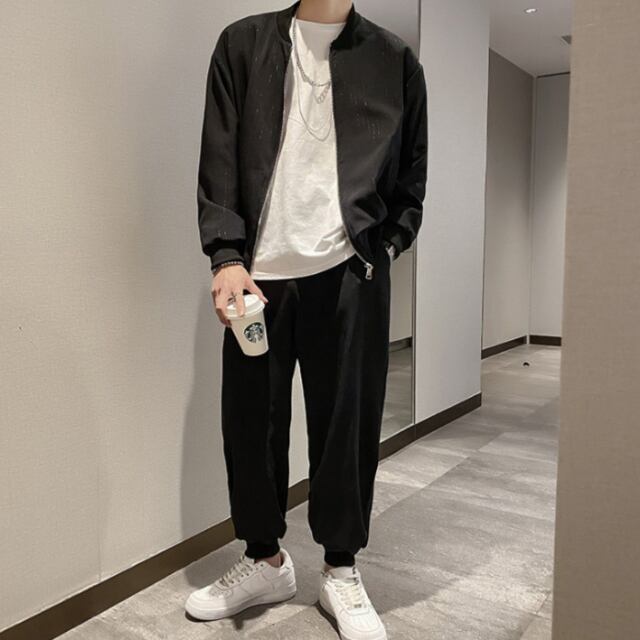 【予約販売】メンズ セットアップ 上下 パンツ 長袖 無地 グレー ブラック ジップアップ ストリート カジュアル 春夏 韓国 トレンド こなれ感 M/L/XL/2XL