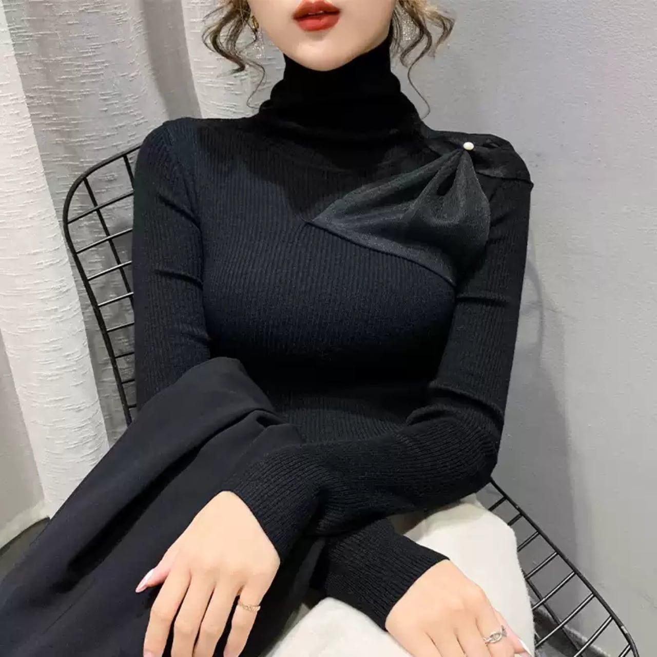 シアーリボン ハイネック トップス 2color T09