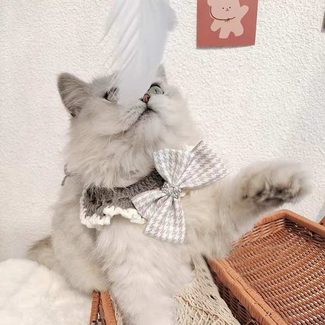 ニットチェックリボンエプロン 猫 エプロン 付け襟