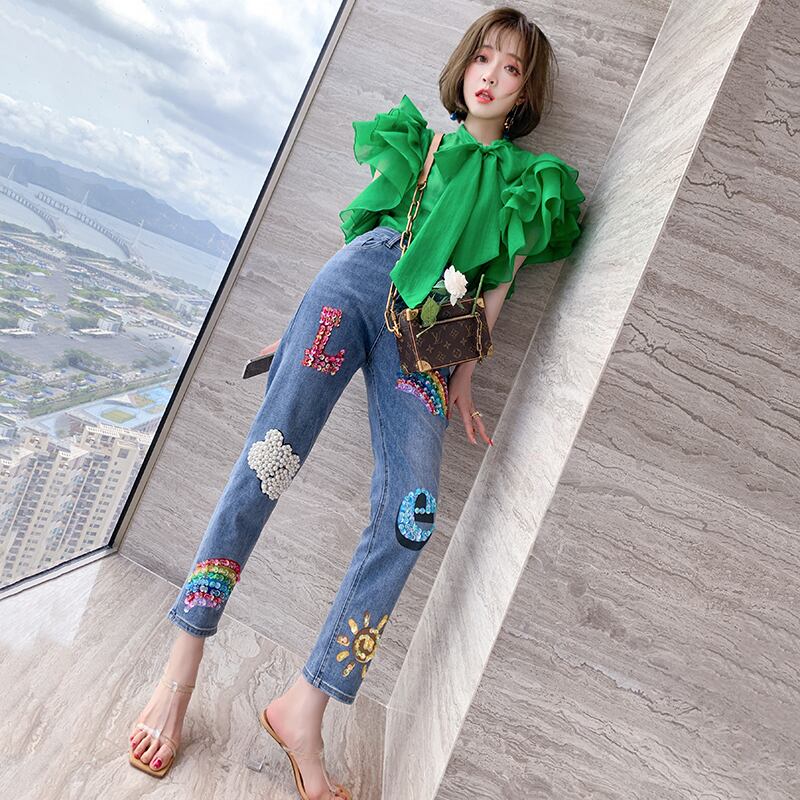 カラープリントハイウェストウェストジーンズ スプリングサマー 春物 夏物 MIUCO9881794298