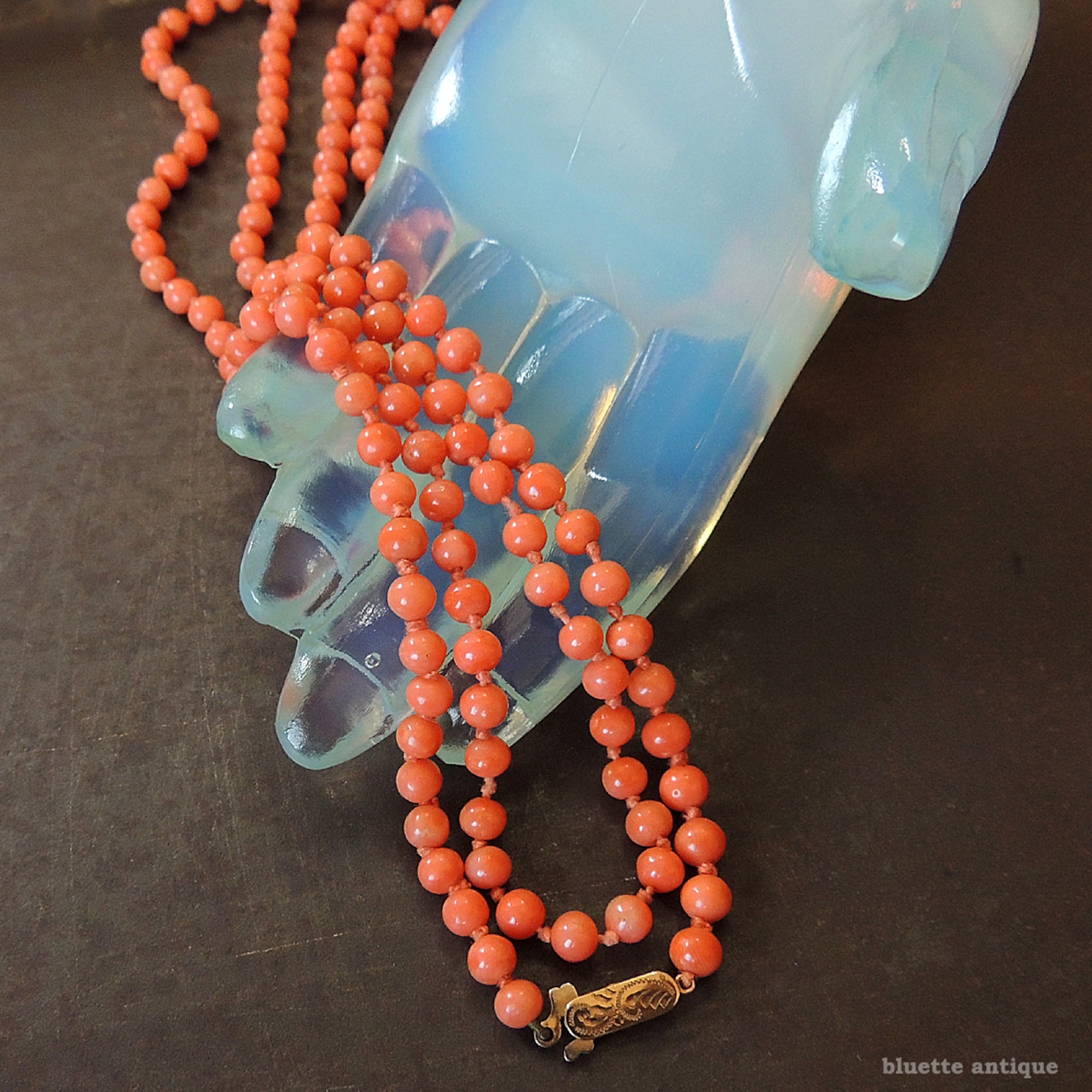 英国アンティークジュエリー 9ctゴールド コーラル ロングネックレス(ソーティングメモ付)