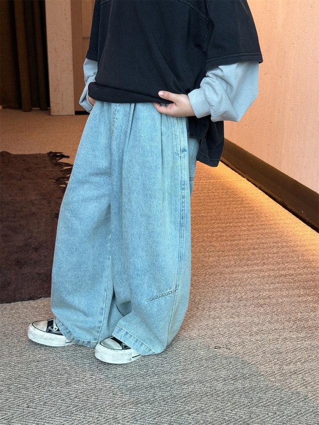 ルーズデニムパンツ（ウォッシュブルー）XDJK｜ボトムス ジーパン｜小学生 ジュニア対応｜通学 普段着｜韓国子供服｜男の子 女の子｜90-160cm｜2026秋服 ［取寄］