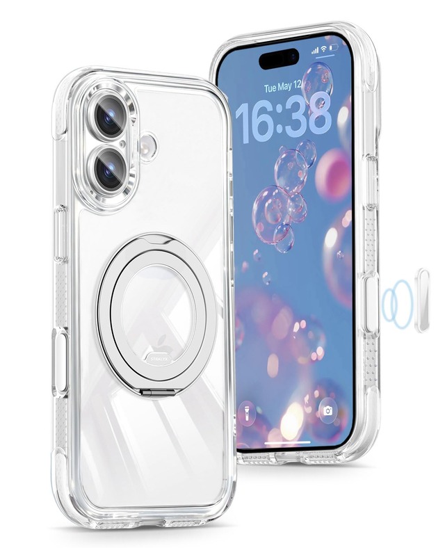 DAMESINE iPhone 17用ケース クリア Magsafe対応 軽量 回転リングスタンド付き 四角エアバッグ衝撃吸収 耐黄変 カメラコントロールボタン 着脱式カメラカバーキラキラ レンズ保護フィルム付き マグネット搭載急速充電対応 可愛い アイホン17ケース ホワイト