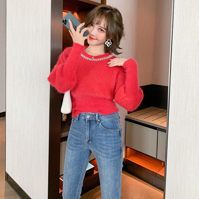 ラウンドネックスリーブニットセーター ウィンター ランタンスリーブ 冬物 Oネック MIUCO24715031224