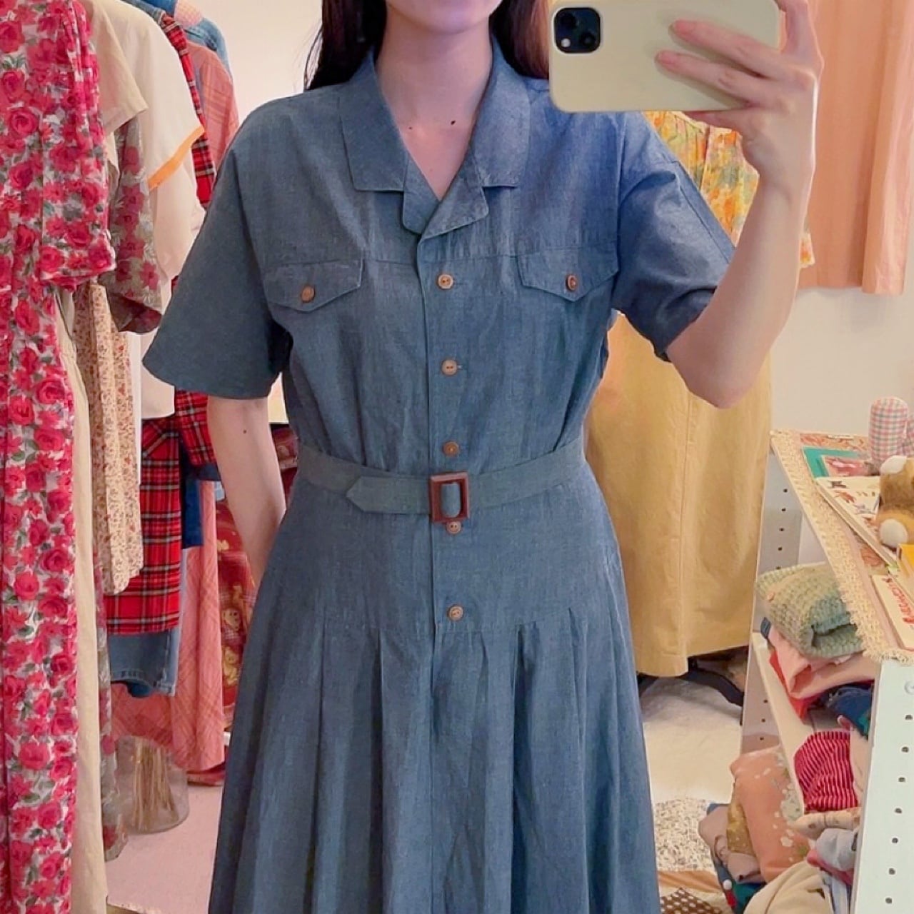chambray open collar one-piece