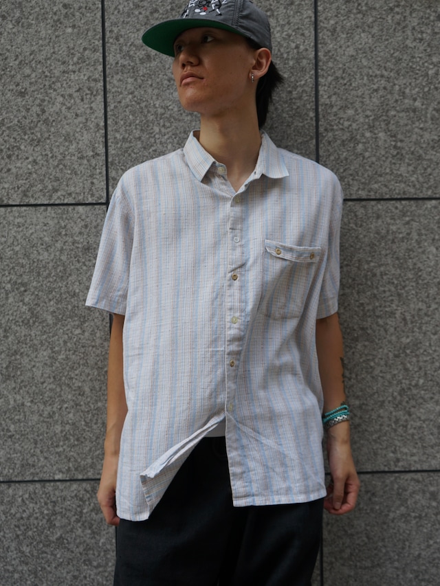 JACQUES ESTEREL Paris Multicolor Stripe Short Sleeve Chest Pocket Button Up Shirt