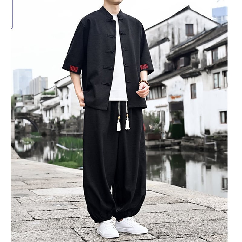 JUNYIシリーズ】☆チャイナ風セットアップ☆ 2color トップス+ズボン 2