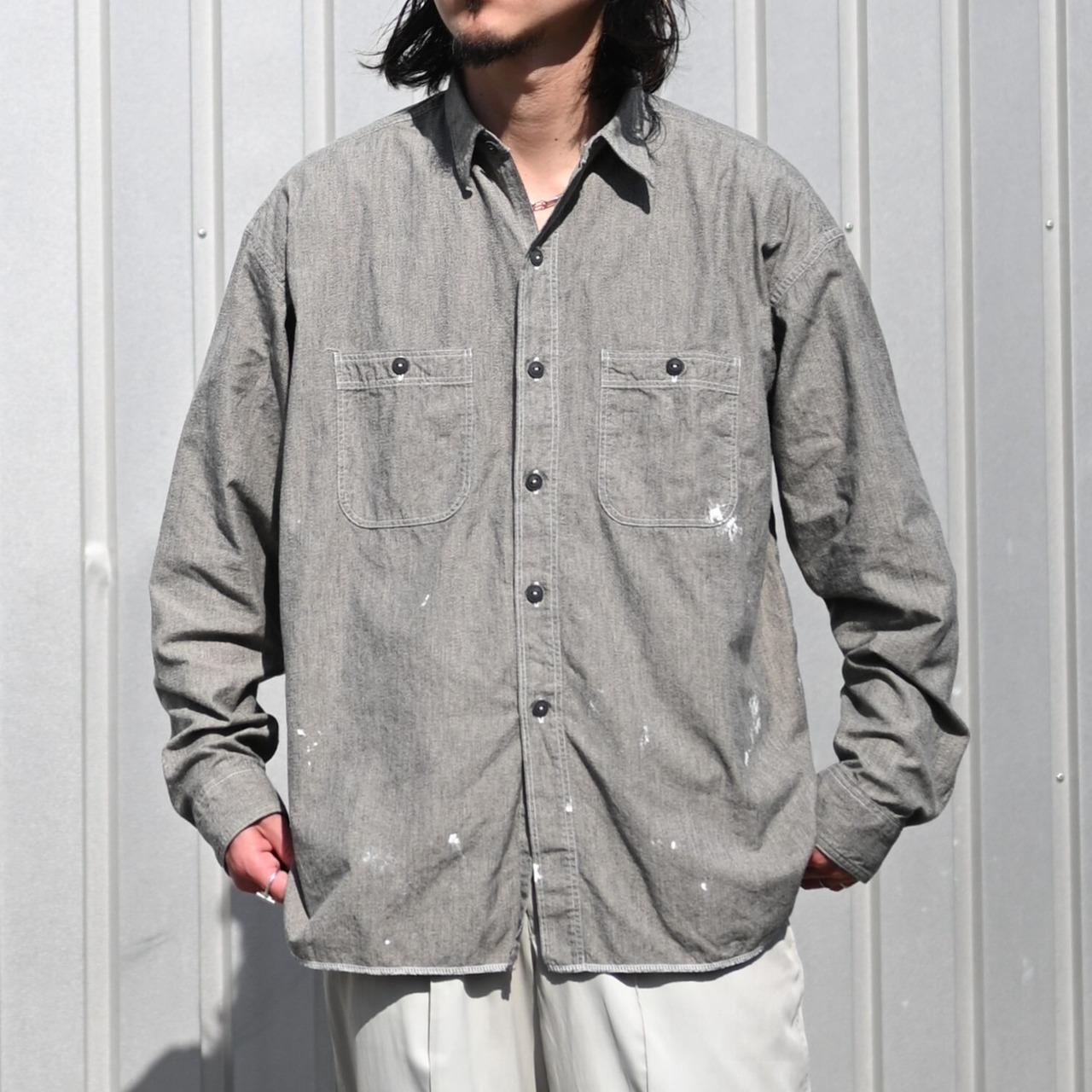 INTERIM / MILK PAINT VINTAGE WASH BLACK SHUTTLE CHAMBRAY HYPER BIG US NAVY WORK SHIRT TYPE2
