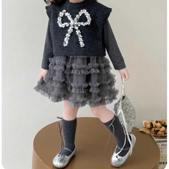 【90-130cm】チュールワンピース&リボンニットベスト【071019】