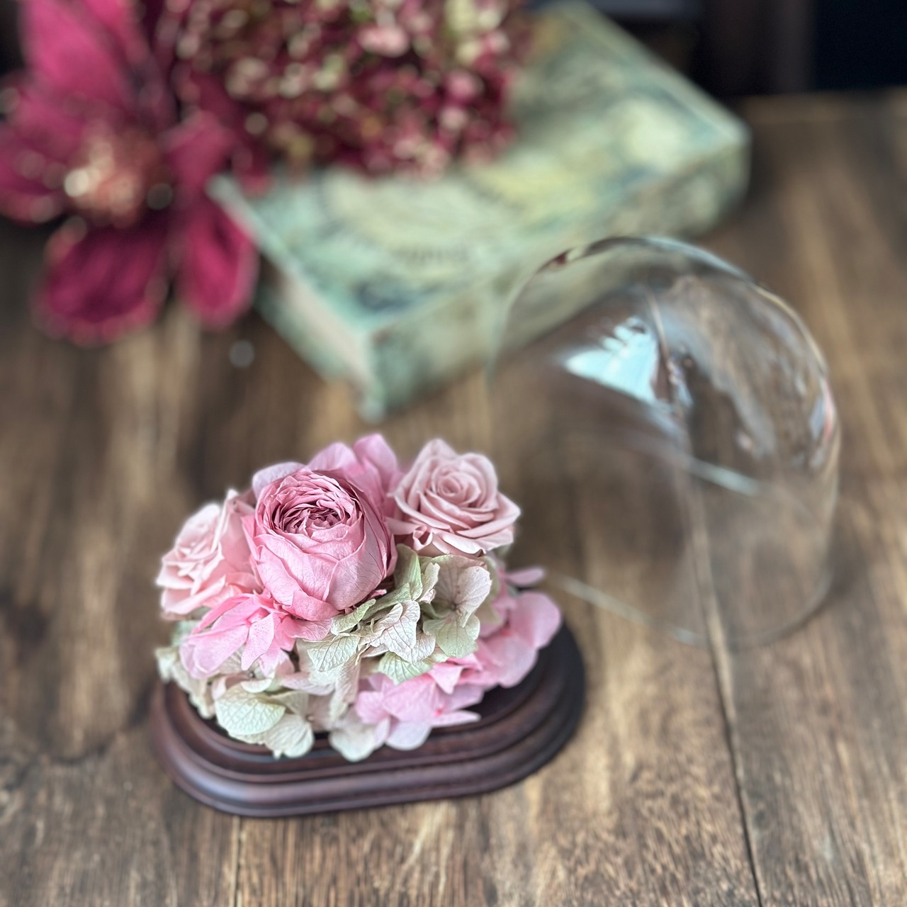★母の日南仏スパークリングマスカットジュースセット★映画テレビからオファー★母の日ギフト★アンティーク風ガラスドーム★１００％プリザーブドフラワー★