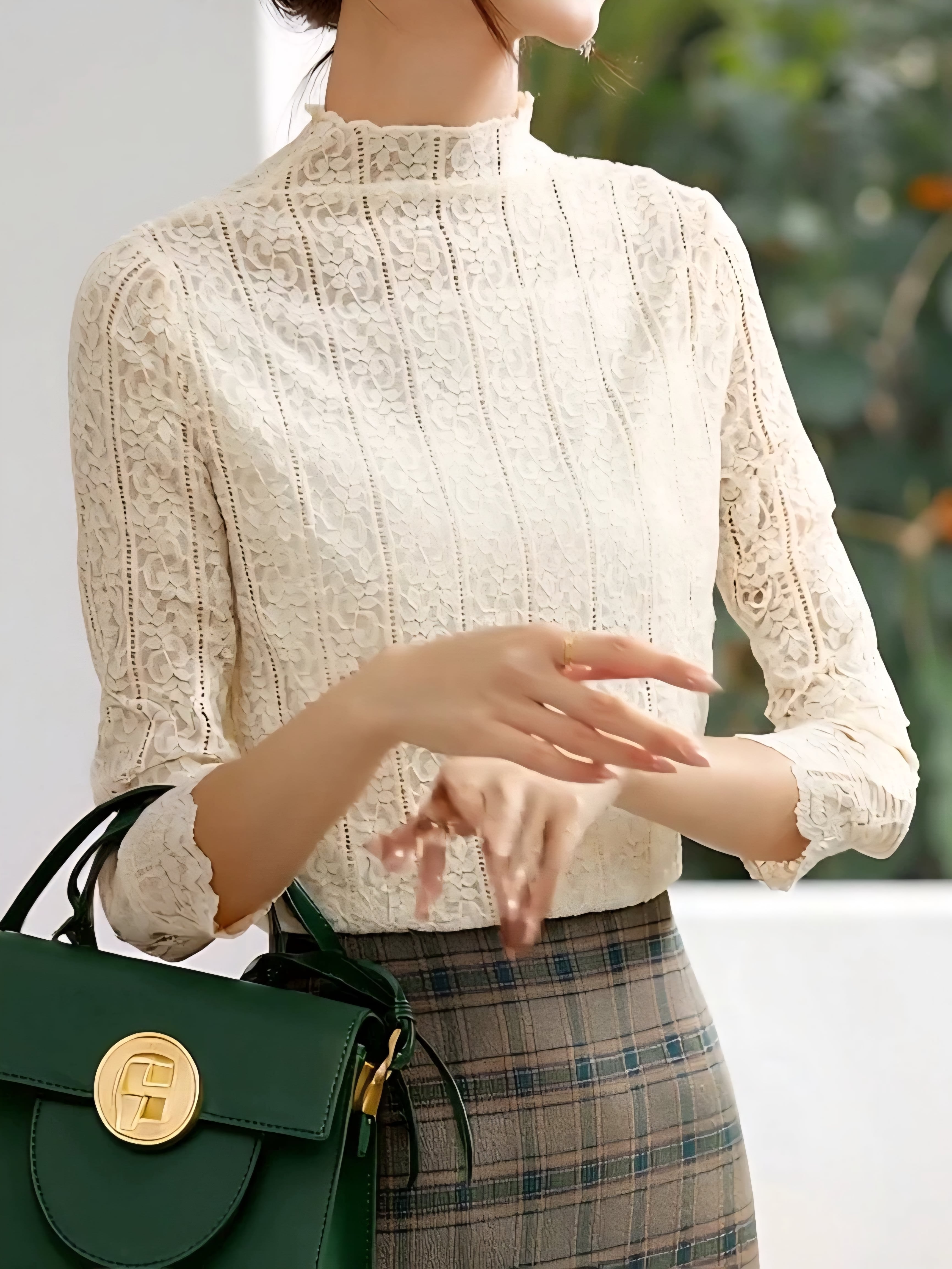 High neck long sleeve lace top L0767