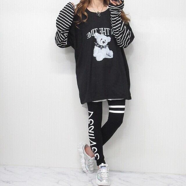 クマちゃん bear 袖ボーダー切替 レイヤード重ね着 ロンT クマちゃん bear 袖ボーダー切替 レイヤード重ね着 ロンT
