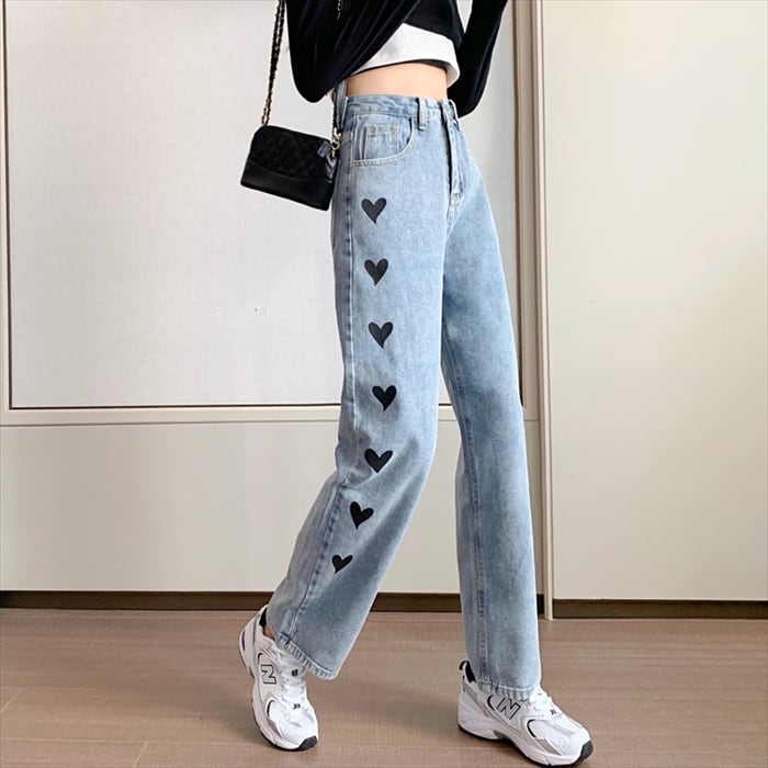 ハート柄 デニムパンツ ハイウエスト ワイドパンツ カジュアルパンツ ジーンズ Gパン 九分丈 ライトブルー 体型カバー S M L XL カジュアル きれいめ ロング 10代 20代 30代 40代 ※【取寄:発送目安14-21日営業日】