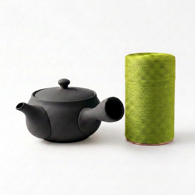 職人の手仕事【 京都工房×常滑焼 】茶筒+急須 正絹 糸巻きお茶缶 黒×黄緑 日本製
