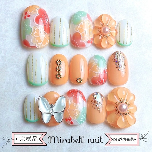 【完成品 即日発送】和柄 ビタミン オレンジ 梅 蝶々 ぷっくり フラワー 15枚 ネイルチップ セット #ncs019