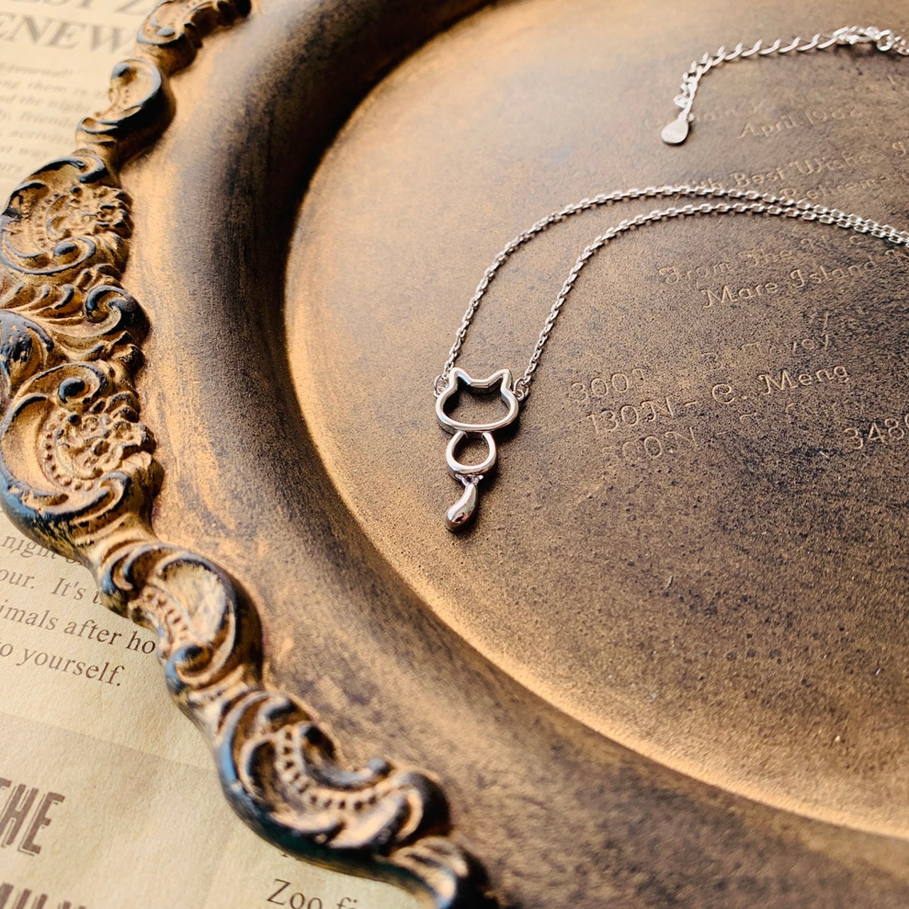 キャットシルエットドロップテールシルバーネックレス