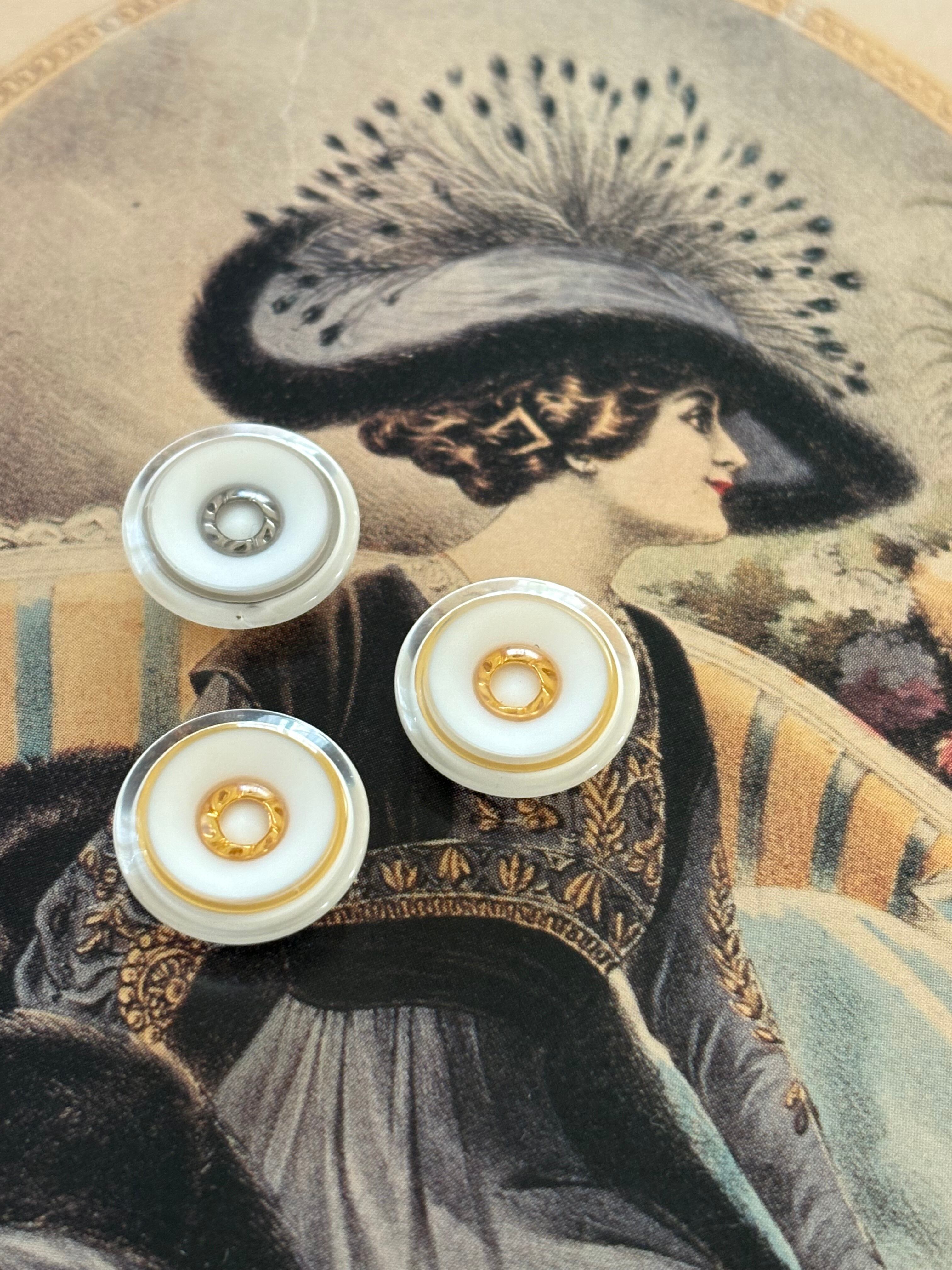 Japanese Vintage ボタン 15mm ホワイト×シルバー/ゴールド 樹脂ボタン 昭和レトロ アクセサリーパーツ 装飾材 カルトナージュ
